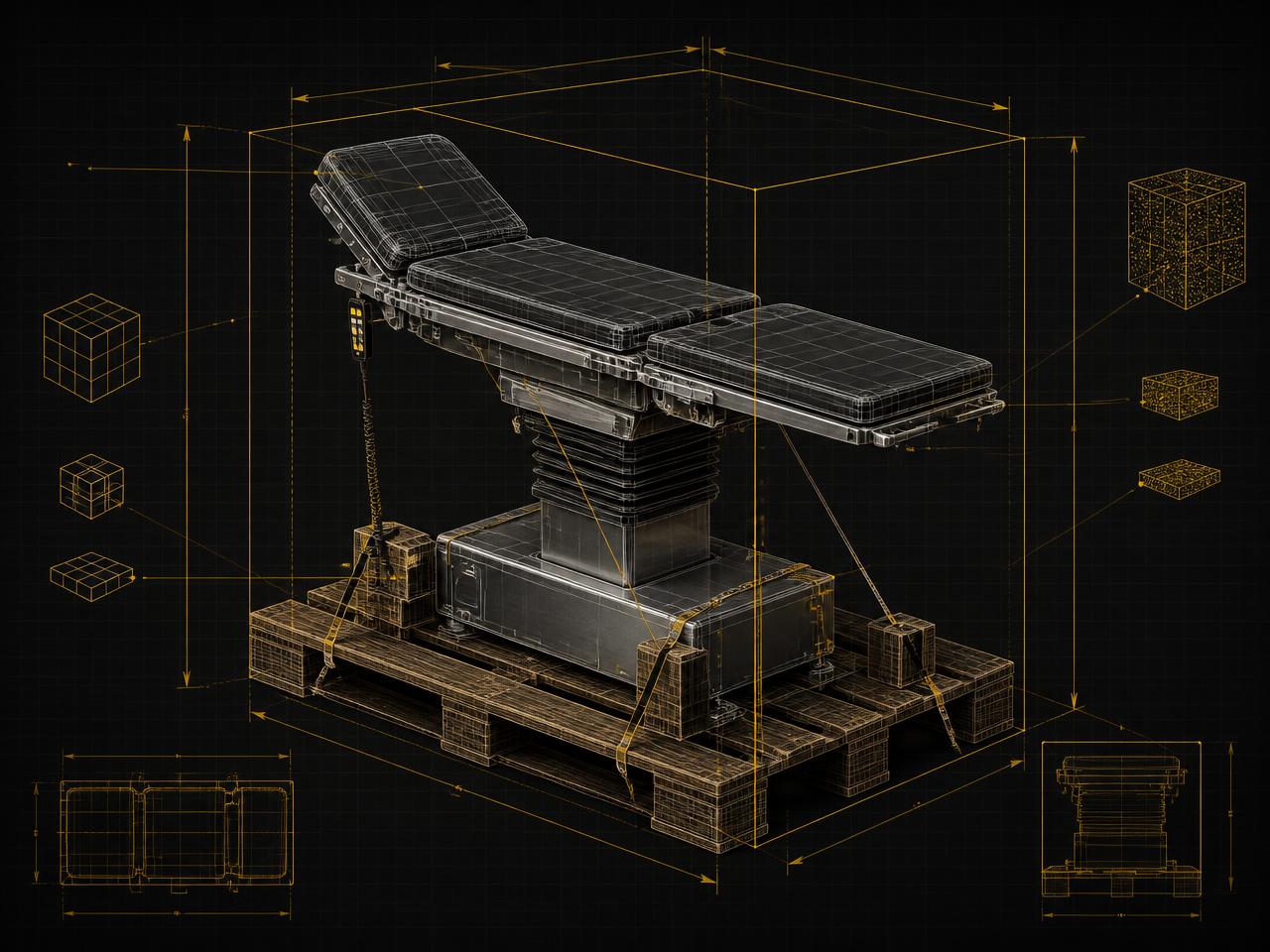 Pallet-mounted surgery table shown as a dimensional measurement study