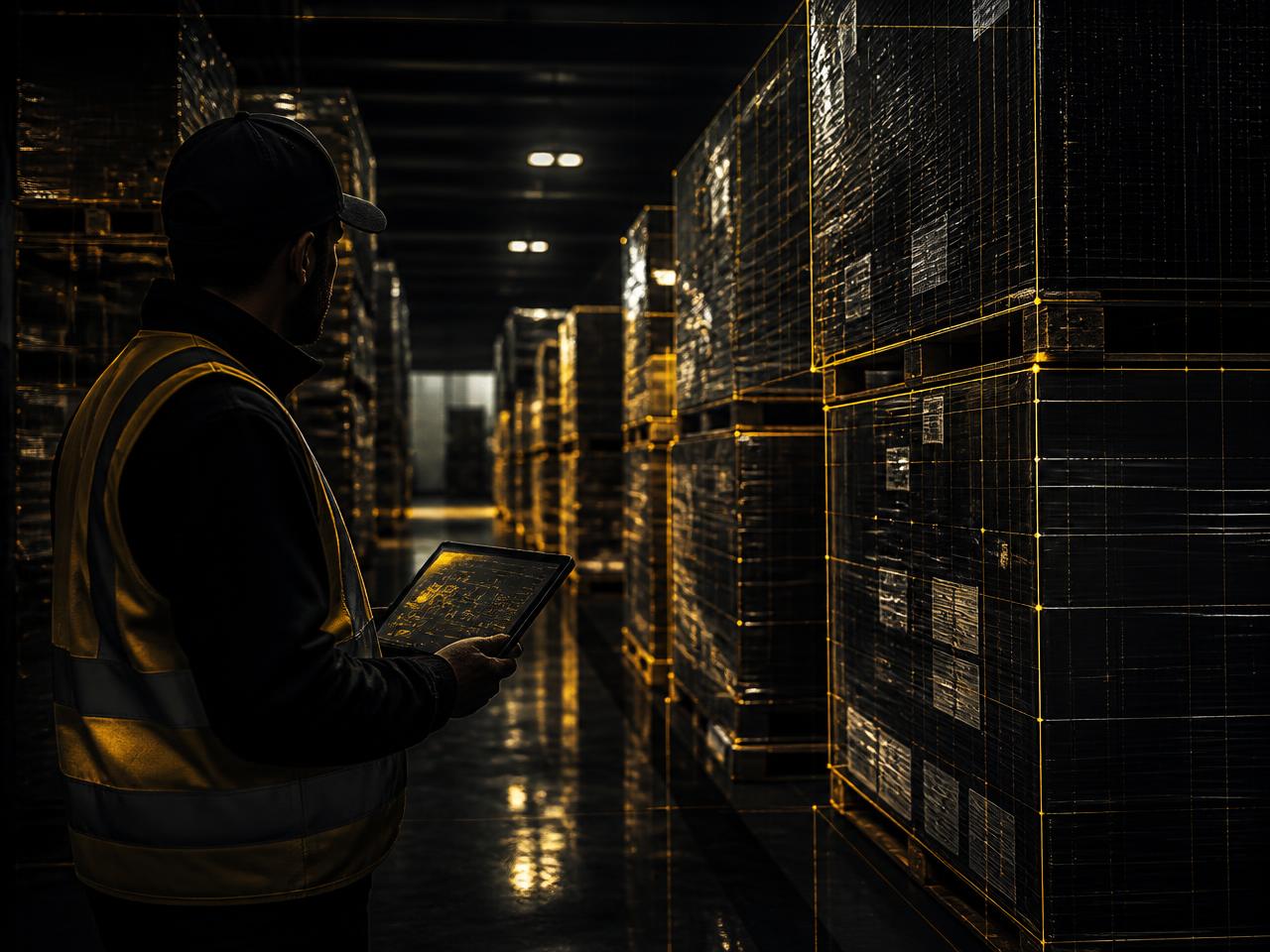 Warehouse operator reviewing pallet analysis on a tablet